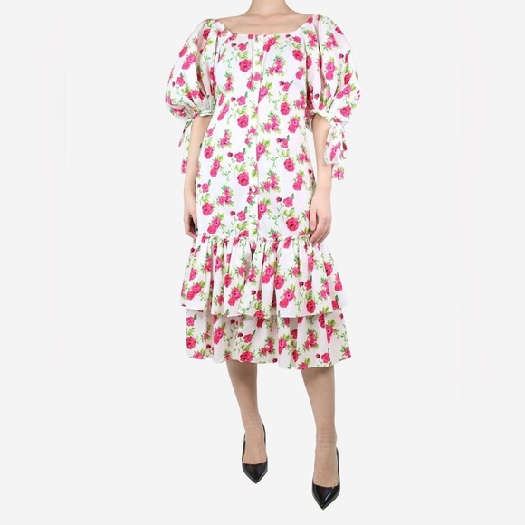 CAROLINE CONSTAS Nella Rosette White and Hot Pink Puff Sleeve Tiered Midi Dress - Picture 3 of 5